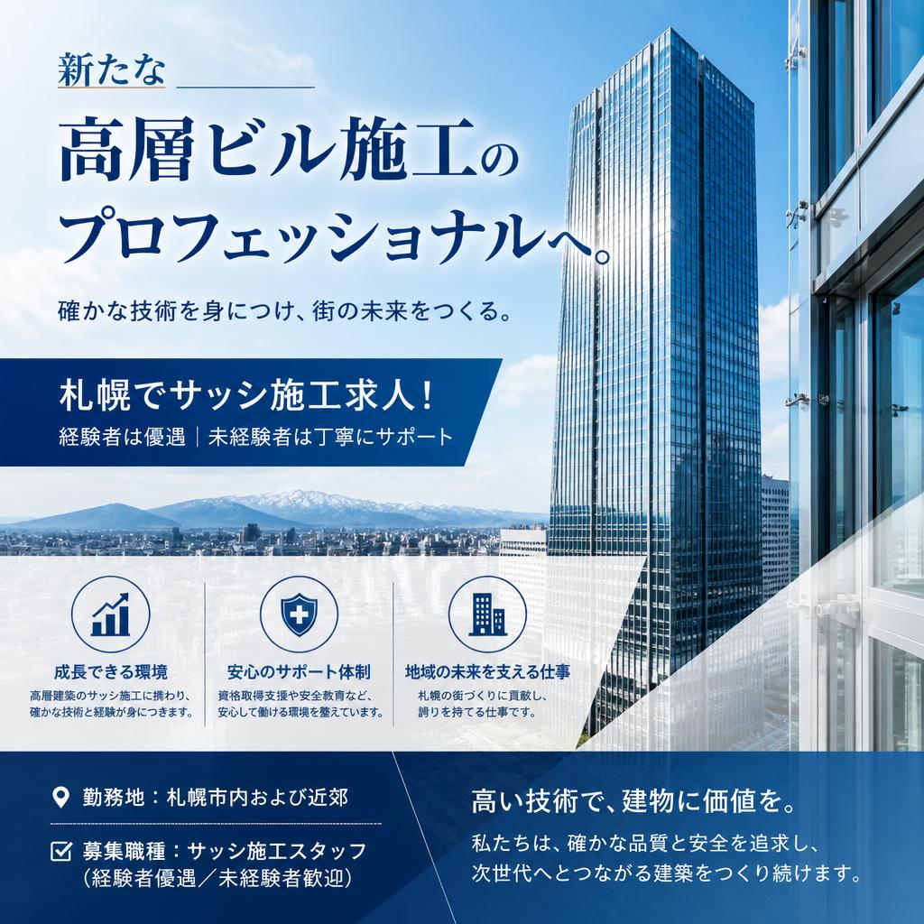新たな高層ビル施工のプロフェッショナルへ。札幌でサッシ施工求人！