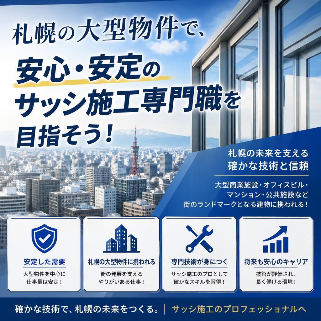 札幌の大型物件で、安心・安定のサッシ施工専門職を目指そう！