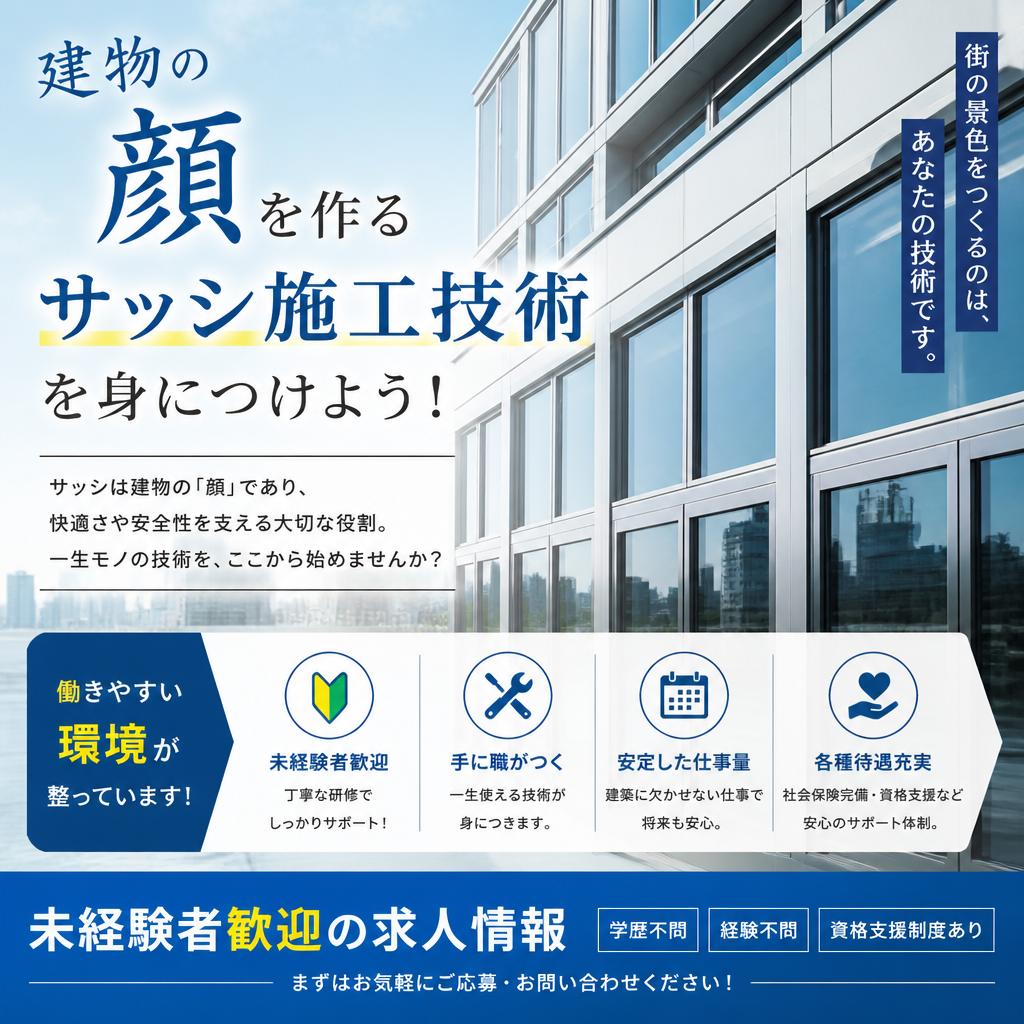建物の顔を作るサッシ施工技術を身につけよう！未経験者歓迎の求人情報