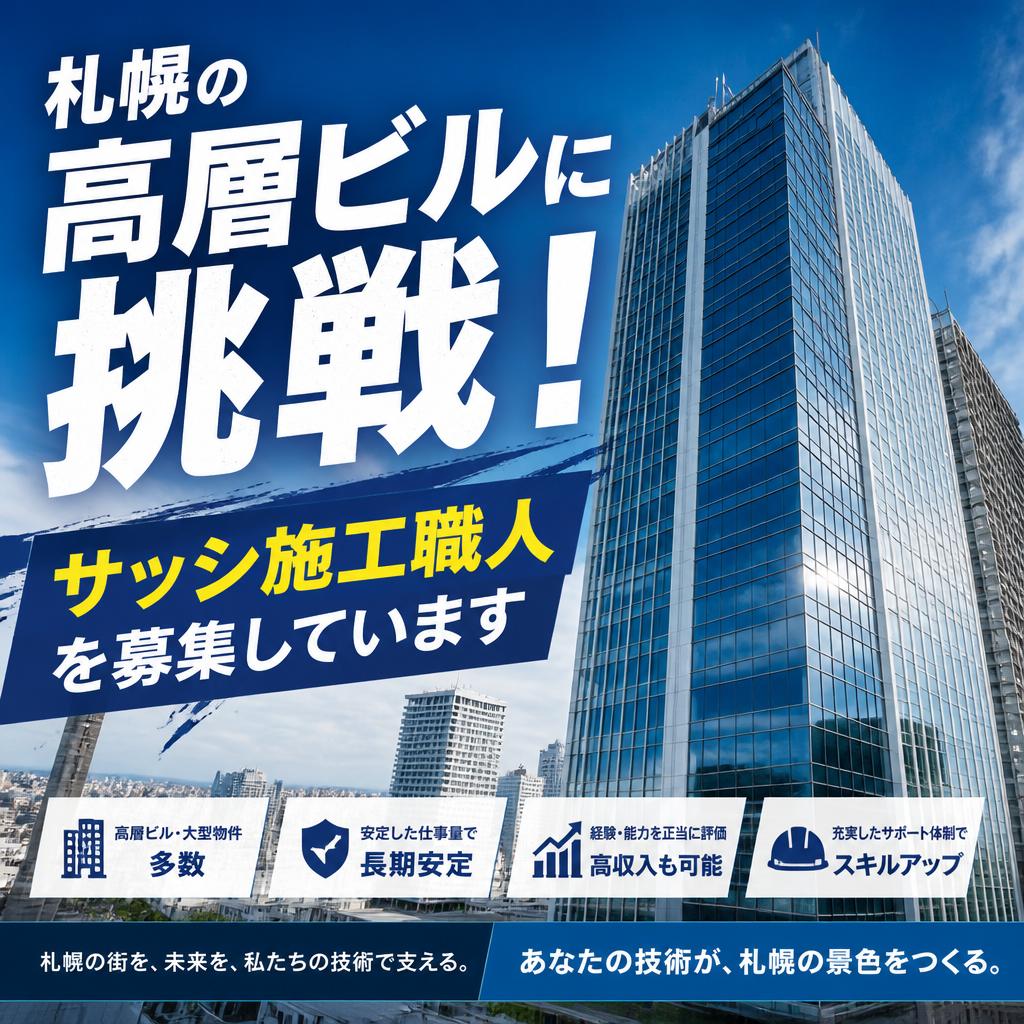 札幌の高層ビルに挑戦！サッシ施工職人を募集しています