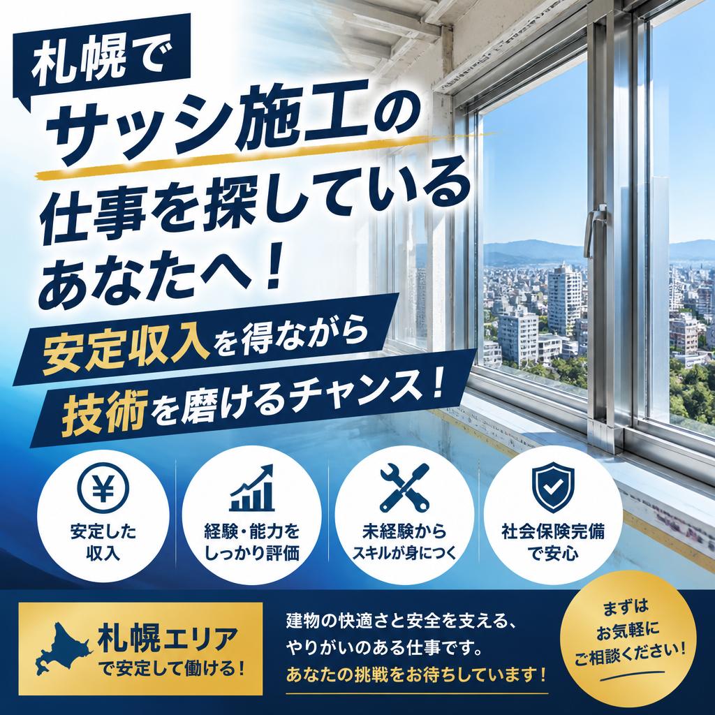 札幌でサッシ施工の仕事を探しているあなたへ！安定収入を得ながら技術を磨けるチャンス！
